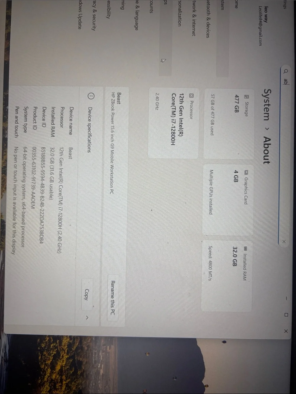 HP Laptop System Info Screen — White and Gray Interface